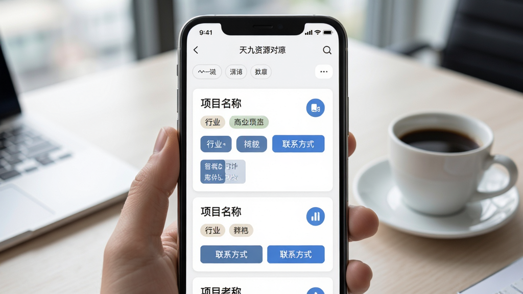����ϰ���������Դ�Խ��б�ҳ�棬�ֻ���Ļ��ʾ������Ŀ������Ϣ��Ƭ��ÿ�ſ�Ƭ������Ŀ���ơ���ҵ��ǩ����ϵ��ʽ��ť������Ϊ���칫���뿧�ȱ������Ϊ����Ӧ�ý�����ƣ�ϸ�ڰ���ɸѡ������Ƭ���֡���ťͼ�꣬�����������ɾ����޶���Ԫ��