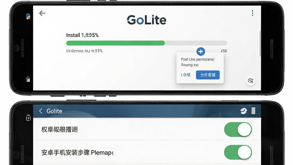 GoLite ��׿�ֻ���װ����ʾ��ͼ������Ϊһ���ֻ���ʾ��װ��������Ȩ�޵���������Ϊ���½ṹ���Ϸ�Ϊ��GoLite����װ���棬�·�ΪȨ�޿����б������дʵUI���ϸ�ڰ�����������װ����ť�����Ȱٷֱȡ���ȫ��ʾ���֣����������ɾ��޶���Ԫ��