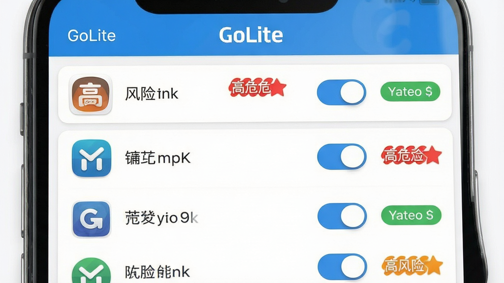 GoLite ��������������չʾͼ������Ϊ�ֻ���Ļ��ʾӦ���б�������Ϊ�����б��ṹ��ÿ�а���Ӧ��ͼ�ꡢ���ơ����ذ�ť�ͷ��ձ�ǩ�������ˬ��Ƭʽ��ƣ�ϸ�ڰ�����GoLite���������⡢��ɫ��Σ��ǡ���ɫ��ȫ��ǣ����������ɾ��޶���Ԫ��