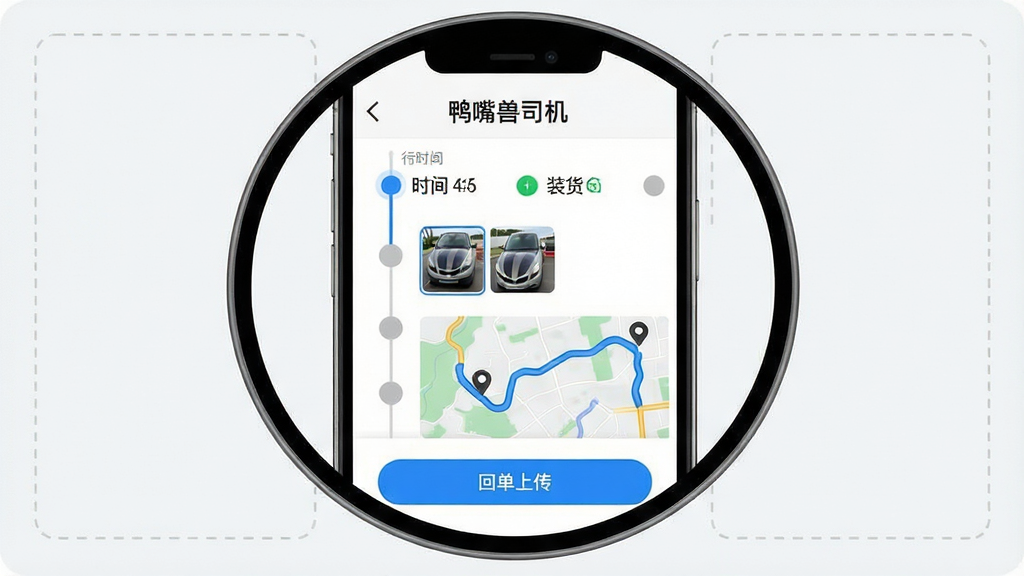 �����������ֻ���Ļ��д����ʾ��Ѽ����˾�����˵�����ҳ������ʱ���ᡢװ����Ƭ����ͼ����ͼ�켣�ͻص��ϴ���ť������Ϊ���зŴ��ֻ����棬�����õ���ɫ���߿��ע���������Ű����롢��Ϣ�㼶���������Ϊ����UIչʾͼ��ϸ�ڰ�����ɫ������ť����ɫ���״̬����ɫ����ڵ㣻���ʸ��塢�ɾ����޶���Ԫ��