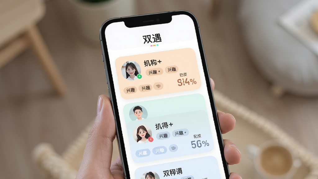 ˫������ƥ����棬�ֻ���Ļ��ʾ�����û���Ƭ��ÿ�ſ�Ƭ��ͷ���ǳơ���Ȥ��ǩ��ƥ��Ȱٷֱȣ����涥���С�˫��������������ƽ����ɫ����ͣ������������ɾ��޶���Ԫ��