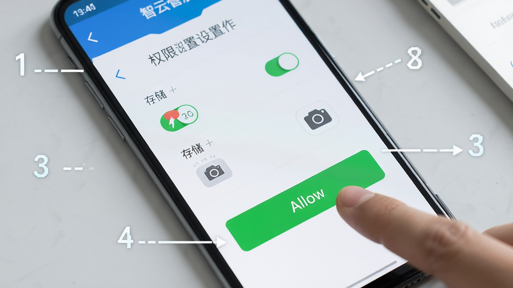 ���ƹܵ갲׿�ֻ���װ��Ȩ�����ò���ʾ��ͼ��������һ���ֻ���ʾȨ������ҳ�棬�Ա�����ָ���������ť��������ǳ��ɫ���棬���ֲ�����д��ͼ�����Ϊ�̳�ͼ��磬ϸ�ڰ���Ȩ�޿��ء��洢�����ͼ�ꡢ�������ֱ�ע����������������ɾ����޶���Ԫ��
