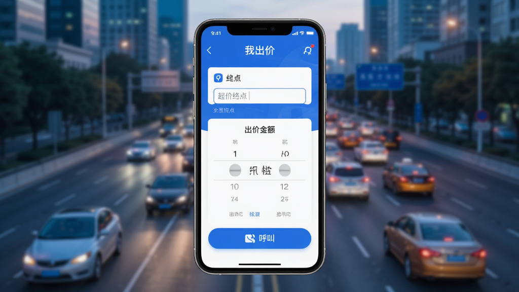 �ҳ���App�ٷ�������������ҳ�棬�����������ֻ���Ļ��ʾ�ҳ���Ӧ�õ������棬������������յ�����򡢳��۽����ֺͺ��а�ť�������ǳ��е�·�복�������ּ���������Ű���У����Ϊ�ִ���ƽ���Ƽ��У�ϸ�ڰ�����ɫ��ɫ������ɫ��Ƭ��������ͼ�꣬���ʸ��壬�ɾ����޶���Ԫ��