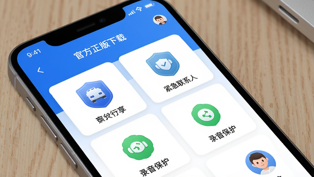 �ҳ���App�ٷ��������ذ�ȫ���Ľ���ͼ�������������ֻ���Ļ��ʾ�ҳ���Ӧ�õİ�ȫ����ҳ�棬ҳ�������г̷�����������ϵ�ˡ�¼��������ͼ�꣬����Ϊ����״���У��Ű����������Ϊ���ư�ȫ�������ɫ����ϸ�ڰ�������ͼ�ꡢ��ɫ��ȫ��ʶ���û�ͷ�񣬻��ʸ��壬�ɾ����޶���Ԫ��