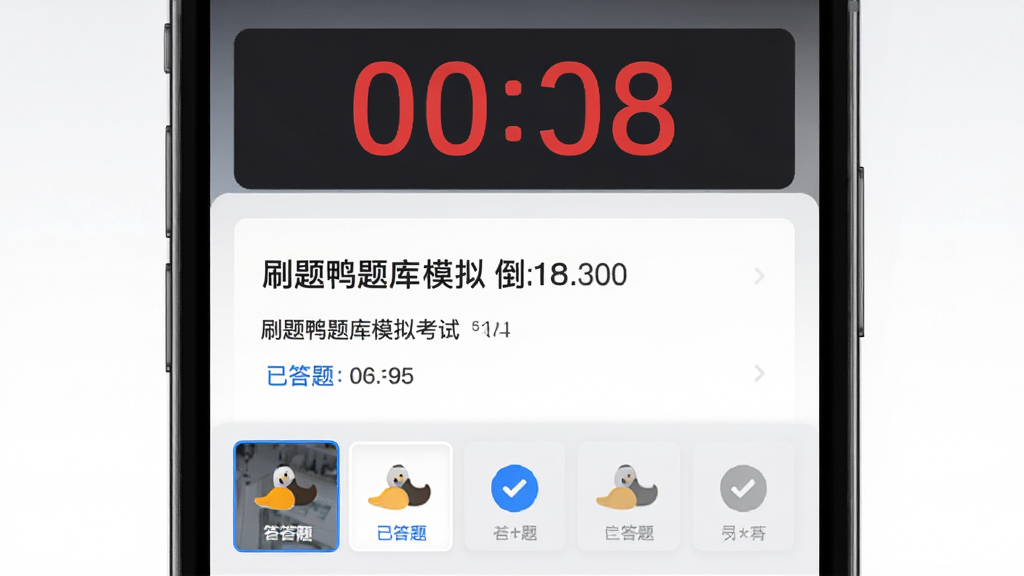 ˢ��Ѽ���ģ�⿼�Խ��棬����Ϊ�ֻ���Ļ��ʾ���Ե���ʱ����⿨������Ϊ�Ϸ���ʱ�����м���Ŀ�����·����⿨����ͼ���Ű���պ�������������Լ��ϸ�ڰ�����ɫ����ʱ���֡���ɫ�Ѵ���Ŀ��ǡ���ɫδ���ʶ�����ʸ��壬�ɾ����޶���Ԫ��