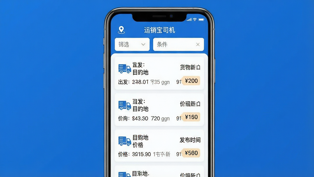 ������˾����Դ�������棬����չʾһ���ֻ���Ļ����Ļ�ϳ���������˾��APP�Ļ�Դ�б���ÿ����Դ��Ϣ���������ء�Ŀ�ĵء��������͡��۸񡢷���ʱ����ֶΣ��б��Ϸ���ɸѡ�������������Ű����룬���Ϊ��ˬ���ƶ���UI��ƣ�ɫ������ɫ�Ͱ�ɫΪ����ϸ�ڰ�����λͼ�ꡢ����ͼ�ꡢ�۸��ǩ�����������ɾ����޶���Ԫ�أ�����Ϊ��ɫ���ֻ���Ļ����Ϊ�Ӿ����ģ�������������ʾ��������˾����
