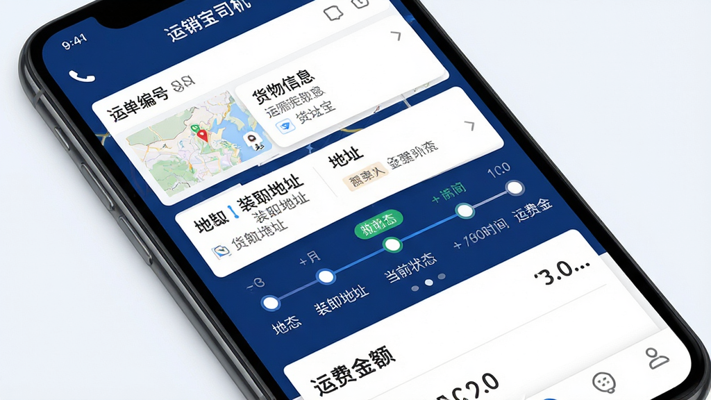 ������˾���˵�����ҳ�棬����չʾһ���ֻ���Ļ����Ļ�ϳ���������˾��APP���˵�������棬�����˵���š�������Ϣ��װж��ַ����ǰ״̬ʱ���ᡢ�˷ѽ���ģ�飬ʱ��������չʾ���ڵ�״̬�������Ű��η��������Ϊ�ִ������ƶ���UI��ɫ���������Ͱ�ɫΪ����ϸ�ڰ�����ͼ����ͼ���绰ͼ�ꡢ״̬��ǩ�����������ɾ����޶���Ԫ�أ�����Ϊǳɫ��������������ʾ��������˾����