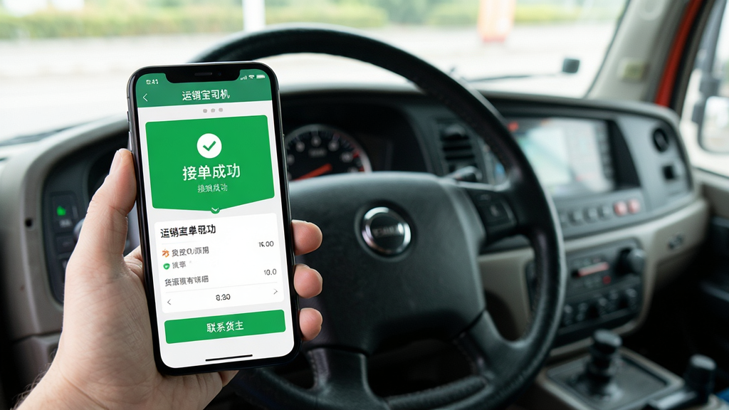 ������˾���ƶ��˲���ʾ�⣬����չʾһֻ�����������ֻ�����Ļ����ʾ������˾��APP�Ľӵ��ɹ�ҳ�棬ҳ����������ɫ�Ľӵ��ɹ���ʾ���·���ʾ��Դ�������ϵ������ť��������Ϊ��ʵʹ�ó���������Ϊ������ʻ���ڲ��������̺��Ǳ�����Լ�ɼ���������Ȼ�����������ɾ����޶���Ԫ�أ�������������ʾ��������˾����
