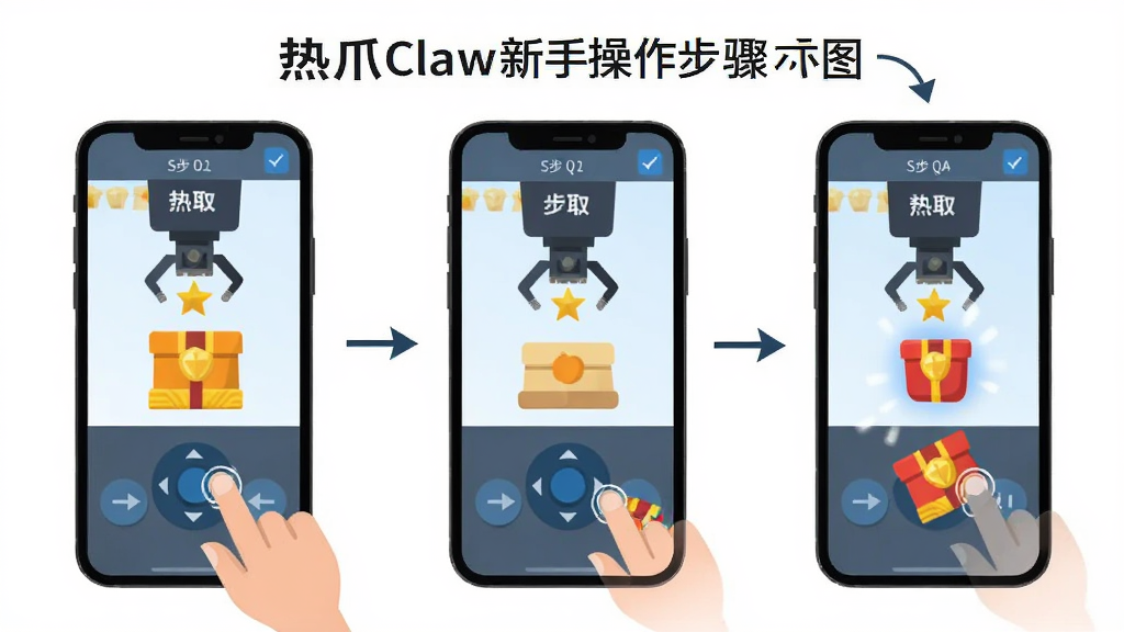 ��צClaw���ֲ�������ʾ��ͼ������Ϊ�ֻ���Ļ��չʾ��ѡ�������ץȡ�ɹ����������̣�����Ϊ�ֲ�ͼ�⣬�Ű�����ң����Ϊ��ƽ���̷̳磬ϸ�ڰ�����ָ�����ҡ���ƶ�����Ʒ���䶯�������������ɾ��޶���Ԫ��