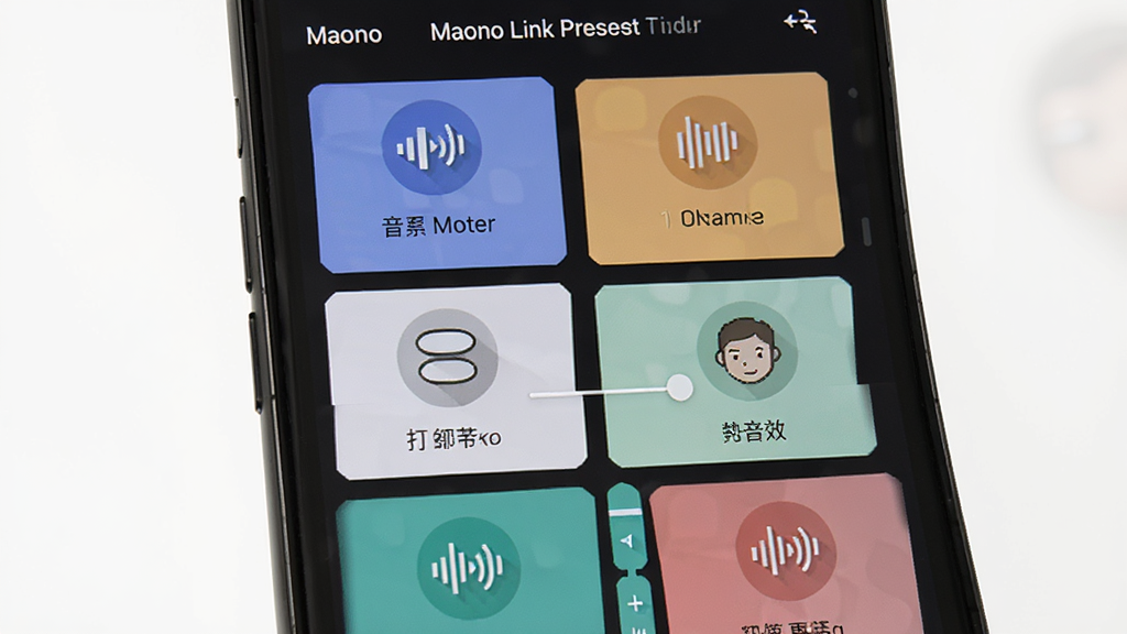 һ��չʾ Maono Link Ԥ����Ч�л����ܵĽ���ͼ���������ֻ���Ļ��ʾ�����Чģʽ��Ƭ������Ϊ�������У����Ϊ���±�ƽ����ϸ�ڰ�����ͬ��ɫ��ͼ�������ֱ�ǩ�������������ɾ����޶���Ԫ��