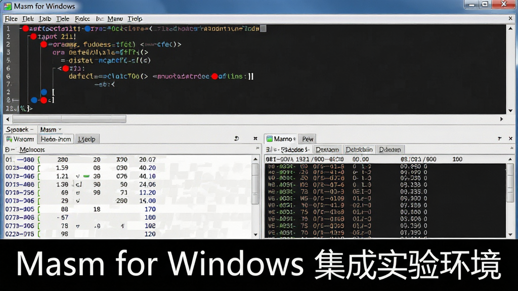 һ��չʾMasm for Windows ����ʵ�黷�����Թ��ܵ�ͼƬ����������Ϊ�������Խ��棬����Ϊ�Ϸ����봰�ڴ��жϵ��ǡ��·��Ĵ������ڴ�鿴��壬�Ű��������򣬷��Ϊ�������߷��ϸ�ڰ����ϵ��ɫԲ�㡢�Ĵ�����ֵ��ʾ���ڴ��ַ�б������������ɾ����޶���Ԫ�أ������пɰ������֡�Masm for Windows ����ʵ�黷����