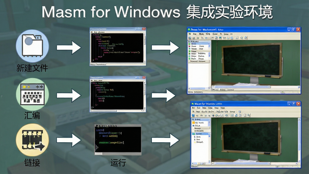 һ��չʾMasm for Windows ����ʵ�黷���������̵�ͼƬ����������Ϊ�������������벽��ʾ��ͼ������Ϊ�����ʾ�½��ļ�����д���롢��ࡢ���ӡ������������ͼ�꣬�Ҳ���ʾ��Ӧ�����������ͼ���Ű�Ϊ��������ͼ��񣬷��Ϊ�̳�ʾ��ͼ���ϸ�ڰ��������ͷ���ӡ���������ͼ���������ֱ�ע��࣬���������ɾ����޶���Ԫ�أ������пɰ������֡�Masm for Windows ����ʵ�黷����