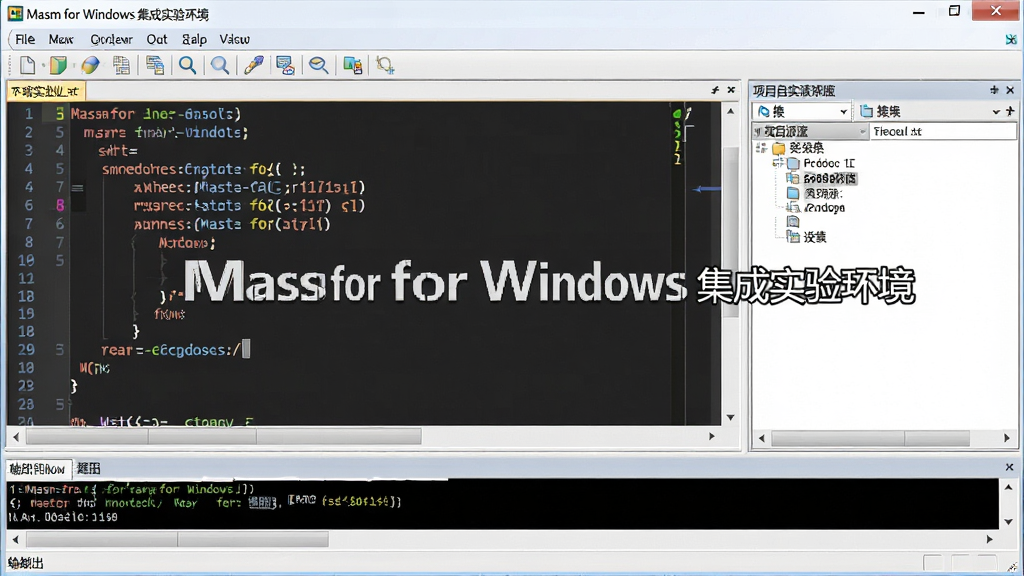 һ��չʾMasm for Windows ����ʵ�黷��һ�廯���ɽ����ͼƬ����������Ϊ�������ڣ�����Ϊ������༭�����Ҳ���Ŀ��Դ������塢�ײ��������̨���Ű���պ��������Ϊרҵ��̹��߷��ϸ�ڰ��������к���ʾ���﷨������������ͼ�����������������ɾ����޶���Ԫ�أ������пɰ������֡�Masm for Windows ����ʵ�黷����