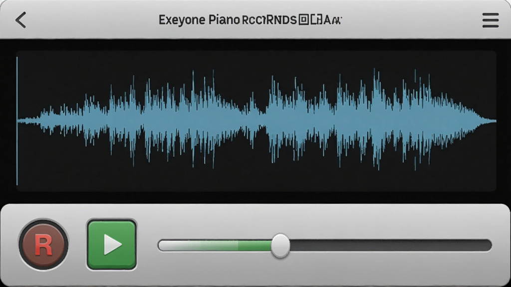 һ��չʾExeyone Piano¼����طŹ��ܵĽ���ͼ�������������·���¼���������벨����ʾ���򣬲��ֲ���ˮƽ���е�¼����ť������������Ϊרҵ��Ƶ�������ϸ�ڰ�����ɫ��¼����ť����ɫ�Ĳ��Ű�ť����̬����Ƶ���Σ����ʸ��壬����ɾ����޶���Ԫ��