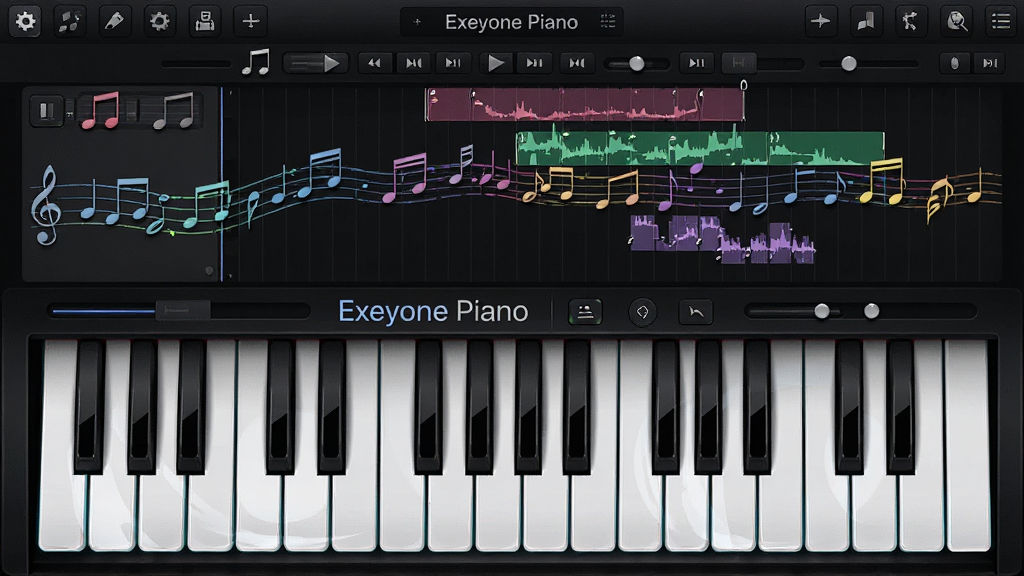 һ��չʾExeyone Piano���������ȫ��ͼ��������һ̨������ټ��̺����Ļ�·����Ϸ�������Ʈ�������������壬���ֲ��þ��жԳƹ�ͼ���Ű�����չʾ�ټ��빦�ܰ�ť�����Ϊ�ִ��Ƽ��������������ںϣ�ϸ�ڰ����߹��ټ�����ɫ���������Ĺ�����ͼ�꣬���ʸ��壬����ɾ����޶���Ԫ��