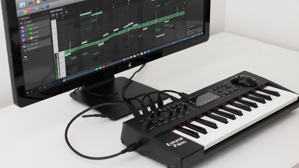 һ��չʾExeyone Piano�����ⲿMIDI���̵ĳ���ͼ�������ǵ�����Ļ�ϵ������������Աߵ�MIDI���̣����ֲ���б�ӽ�չʾ�豸���ӹ�ϵ�����Ϊ��ʵ������Ӱ���ϸ�ڰ��������ߡ����̰�������Ļ�ϵ��������������ʸ��壬����ɾ����޶���Ԫ��