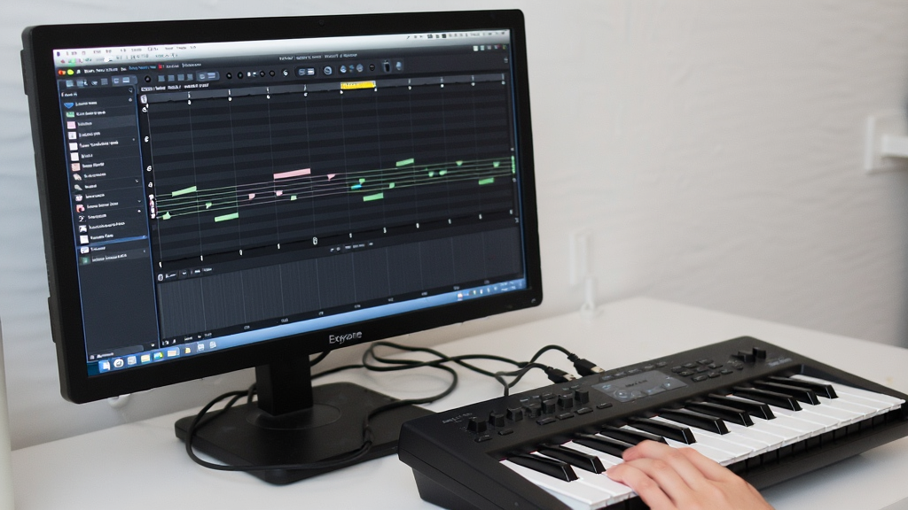 һ��չʾExeyone Piano�ڵ��������в�����MIDI���̵�ʵ��ͼ�������ǵ�����Ļ��ʾ�����������Աߵ�MIDI���̣����ֲ��ò��ӽǶȣ����Ϊ��ʵ�칫���泡����ϸ�ڰ��������ϵ���ָ��������Ļ�ϵ������������������£���������������ɾ����޶���Ԫ��