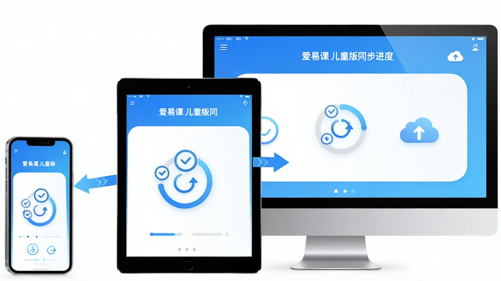 ������չʾ�ֻ���ƽ���������̨�豸���Űڷţ���Ļ����ʾ�����׿� ��ͯ�桱ͬ�����Ƚ��棬�豸֮������ɫ��ͷ���ӱ�ʾ����ͬ��������Ϊ���׽��䣬���Ƽ���࣬ϸ�ڰ���ͬ��ͼ�ꡢ���Ȼ����ƶ˷��ţ����ʸɾ��޶���Ԫ��
