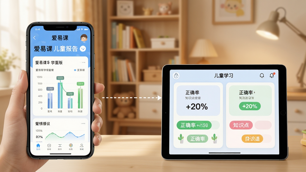 �������Ϊ�ҳ��ֻ��˽��棬��ʾ�����׿� ��ͯ�桱ѧ�鱨��ͼ�����Ҳ�Ϊ��ͯƽ���ѧϰ���棬�м����������ӣ�����Ϊ��ܰ��ͥ�鷿��������ִ���ϸ�ڰ���ʱ����ͼ�ꡢ��ȷ�ʰٷֱ���֪ʶ���ǩ������������������Ԫ��