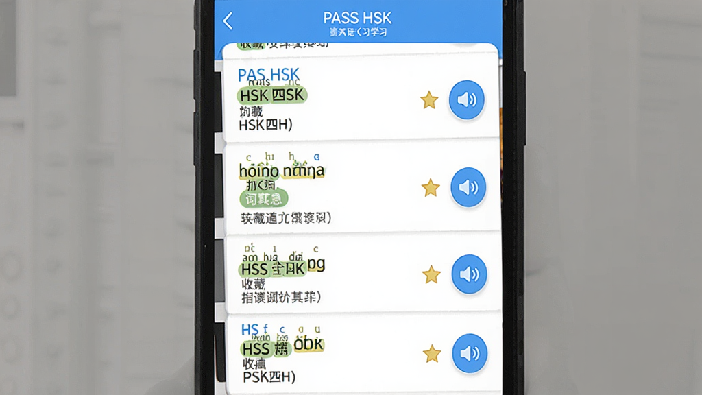 һ����Ϊ PASS HSK ���ֻ�Ӧ�ôʻ�ѧϰҳ�棬����Ϊ�ֻ���Ļ��ʾ HSK �ļ��ʻ��б�������Ϊ�����б��ṹ���Ű�ÿ��һ�����������Ϊ���½����� App ���棬ϸ�ڰ���ƴ����ע�����Ա�ǩ���������塢�ղ��Ǳ��뷢����ť�����ʸ��壬�ɾ����޶���Ԫ��