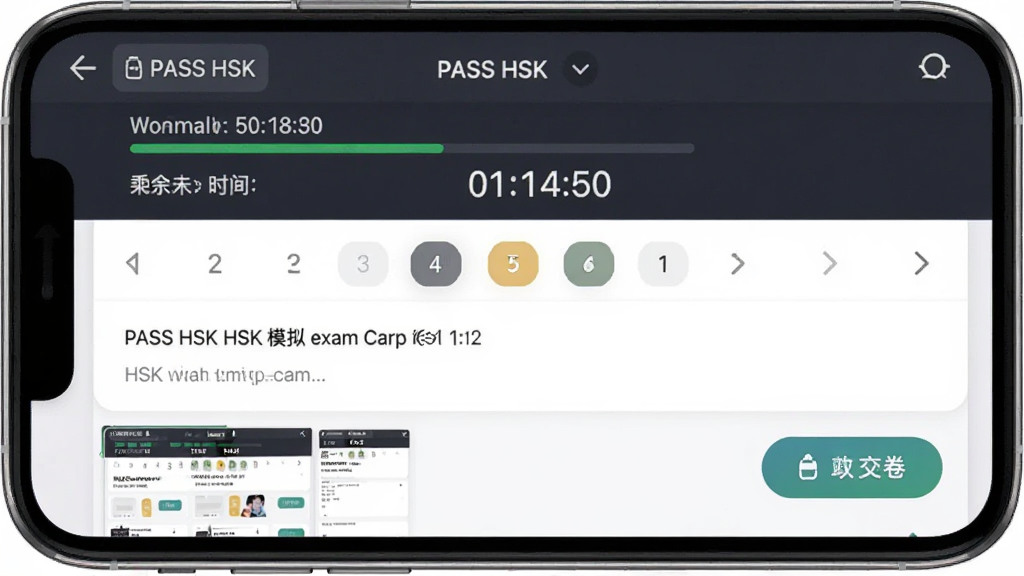 һ����Ϊ PASS HSK ��Ӧ��ģ�⿼�Խ��棬����Ϊ�ֻ���Ļ��ʾ HSK ģ�⿼�Դ��⿨�뵹��ʱ������Ϊ���½ṹ���Ϸ�Ϊ���Խ�����ʣ��ʱ�䣬�м�Ϊ��Ŀ�����·�Ϊ���⿨����ͼ���Ű�������������Ϊ���࿼���� App ��ƣ�ϸ�ڰ�����ʱ������ŵ������Ѵ�δ����ɫ���֡�������ť�����ʸ��壬�ɾ����޶���Ԫ��