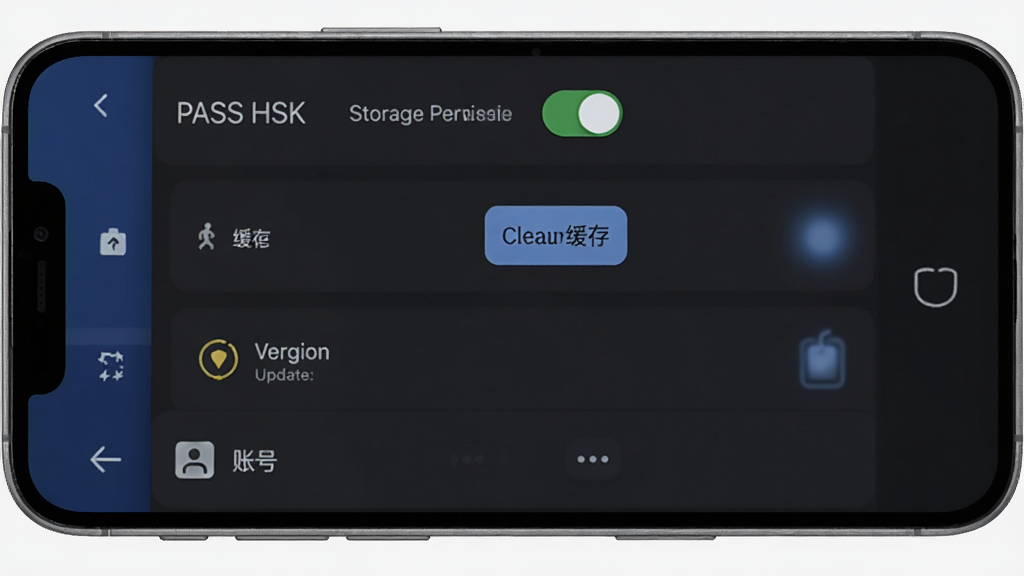һ����Ϊ PASS HSK ���ֻ�Ӧ������ҳ�棬����Ϊ�ֻ���Ļ��ʾȨ�޹����뻺������ѡ�����Ϊ�����б��ṹ���Ű����������Ϊ��๤���� App ���棬ϸ�ڰ����洢Ȩ�޿��ء�������水ť���汾������ʾ���˺ŵ�¼��ڣ����ʸ��壬�ɾ����޶���Ԫ��