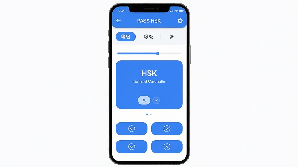 һ����Ϊ PASS HSK �İ�׿�ֻ�Ӧ�ý���չʾͼ������Ϊ�ֻ���Ļ��������ʾ HSK �ʻ㿨Ƭ�������棬���ֲ������½ṹ���Ϸ�Ϊ�ȼ�ѡ�������м�Ϊ��Ŀ��Ƭ���·�Ϊ�ĸ�ѡ�ť���Ű�������У����Ϊ�ִ���ƽ�������� App ��ƣ�ϸ�ڰ�����ɫ��ɫ������ɫ������Բ�ǿ�Ƭ�������������Դ�����ͼ�꣬���ʸ��壬�ɾ����޶���Ԫ��