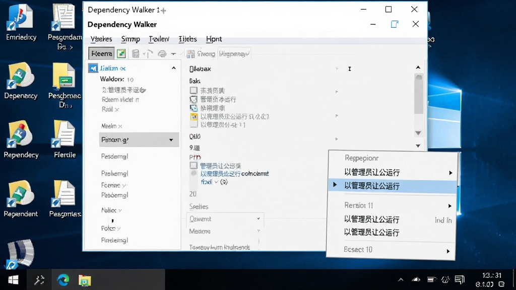 һ��չʾDependency Walker������Windows 10ϵͳ���Թ���Ա�������еĽ����ͼ���������Ҽ��˵�������ʾ