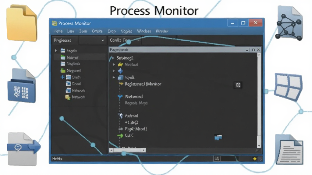 һ��չʾProcess Monitor��Windowsϵͳ�����н����ʾ��ͼ����������������ռ������Ҫλ�ã���Χ�������ļ���ע����������ͼ�꣬������'Process Monitor'���⣬���Ϊ��ƽ���Ƽ��У������������ɾ��޶���Ԫ��
