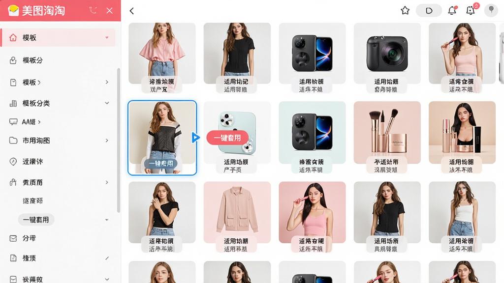 AI��ͼ��ʾ�ʣ������ǡ���ͼ���ԡ��������棬������չʾ�Ŷ��������Ʒ��ͼģ�壬���װ�����롢��ױ����𡣲��֣����������ģ������б����Ҳ���ģ������ͼ�����Ű棺���������״���У�ÿ��ģ�嶼������ע�����ó�������񣺱�ƽ��UI��ƣ�ɫ���������á�ϸ�ڣ�����һ�ŷ�װģ�屻����ѡ�У��Ա��С�һ�����á��İ�ť�����ʣ����壬�ɾ����޶���Ԫ�ء�