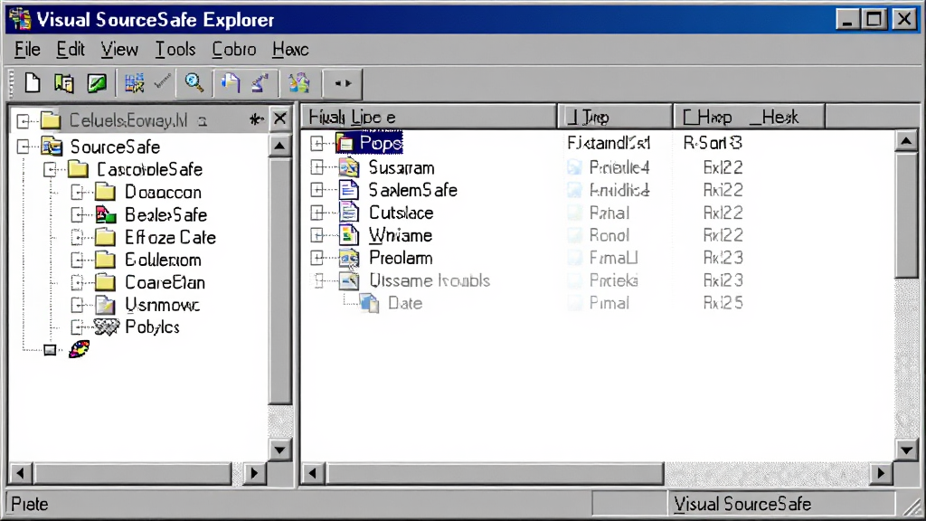 Visual SourceSafe �����������ͼ����������չʾ Visual SourceSafe Explorer ���ڣ����Ϊ��Ŀ����Ŀ¼�ṹ���Ҳ�Ϊ�ļ��б��������˵������� File��Edit��View��Tools ��ѡ����ڷ��Ϊ���� Windows 98/XP ��ɫ���⣬����ɾ����࣬���岼�������������������޶���Ԫ�ء�