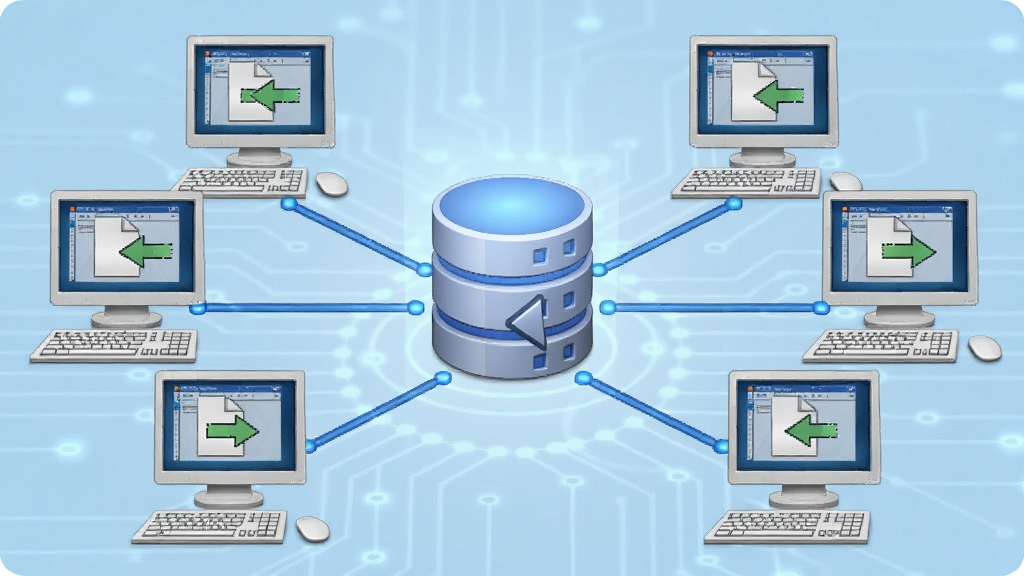 Visual SourceSafe ����ʽ�汾��������ʾ�⣬��������Ϊһ���������ݿ�ͼ�꣬��Χ���Ӷ�̨������նˣ�ÿ̨�������Ļ����ʾ�ļ�ǩ��ǩ����ͷ������Ϊ����ɫ�Ƽ���񣬲��ֶԳƣ�ϸ�����������ʸɾ����޶���Ԫ�ء�