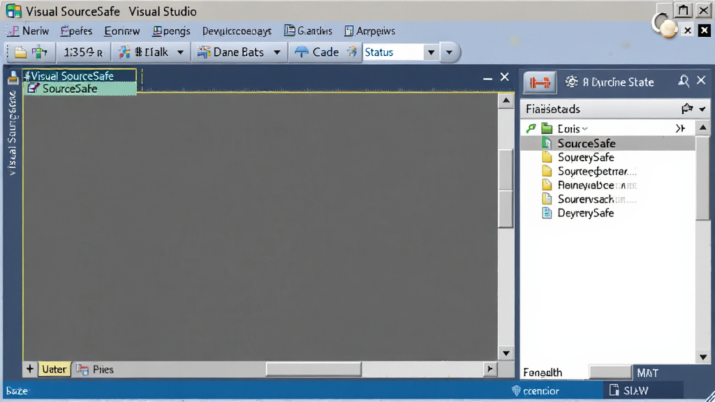 Visual SourceSafe �� Visual Studio ���ɽ��棬����չʾ Visual Studio �����������ڣ��˵����� SourceSafe ѡ��������Ҳ���������Դ��������ʾ�ļ�״̬ͼ�꣬������Ϊ���� IDE ���棬�Ű�����������������޶���Ԫ�ء�