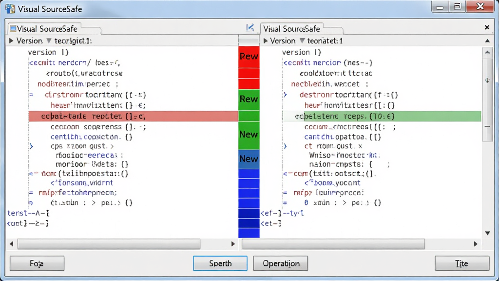 Visual SourceSafe �ļ�����Ƚϴ��ڣ�������������ֱ���ʾ�����汾�Ĵ����ļ����м�����ɫ����ע�����У���ɫ��ʾɾ������ɫ��ʾ��������ɫ��ʾ�޸ģ��ײ��кϲ�������ť�����沼������������࣬���ʸɾ����޶���Ԫ�ء�