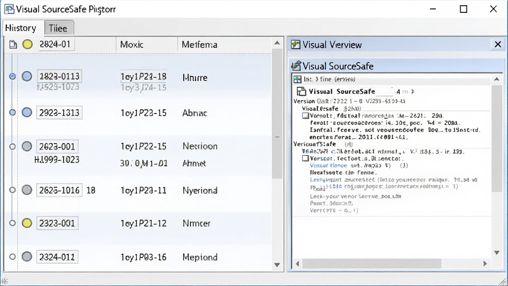 Visual SourceSafe ��ʷ�汾�鿴�����棬����չʾһ���ļ���ʱ�����б���ÿ���ڵ��ע�汾�š��޸����ں��޸��ˣ��Ҳ�Ԥ��������ʾ��Ӧ�汾���ļ����ݣ��������࣬�������������ʸɾ����޶���Ԫ�ء�