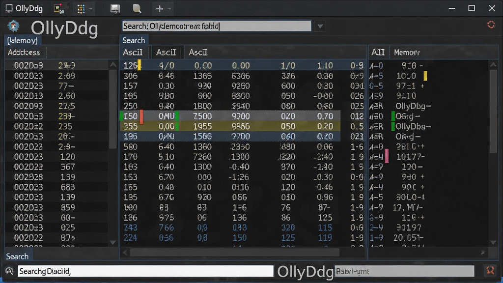 һ��չʾ OllyDbg �ڴ�鿴���������ܵ�ͼƬ������Ϊ�ڴ洰�ں�������壬���ְ�����ַ�б���ʮ��������������ASCII ��ʾ�к����������Ű���գ����Ϊ��ɫ���߽��棬ϸ�ڰ�������ѡ�е����ݿ顢�����ؼ����������ڴ������ʶ�����������ɾ����޶���Ԫ�أ������д��С�OllyDbg������