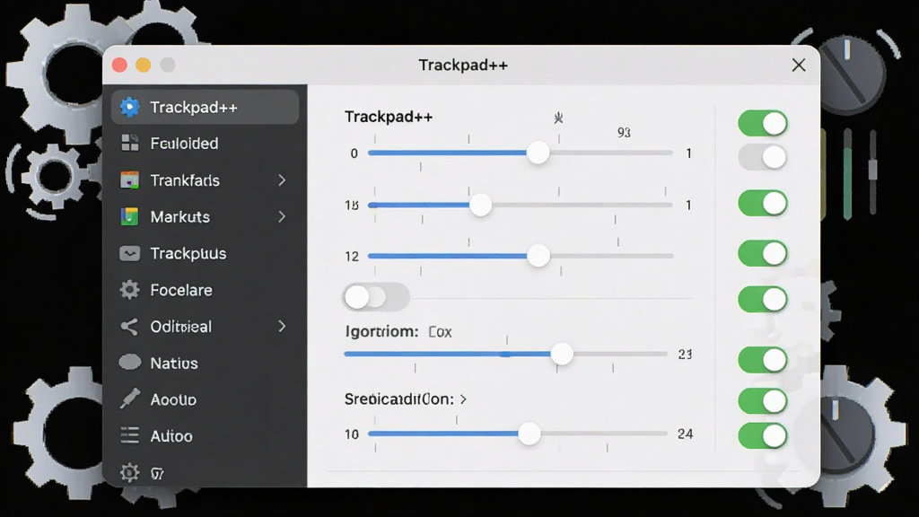 һ��չʾ Trackpad++ �����������ͼƬ�������������������ô��ڣ����Ϊ���ܷ����б����Ҳ�Ϊ����Ϳ���ѡ�������Χ�г��ֺ͵�����ťװ�Σ�����Ϊ�����Ű棬���Ϊ�ִ���ƽ����ϸ�ڰ�������̶ȺͿ���״̬�����ʸ��壬�ɾ��޶���Ԫ��