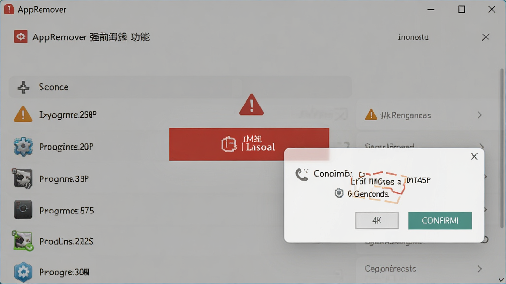 AppRemover ǿ��ж�ع��ܽ��棬����Ϊ������������ʾ��ɫж�ذ�ť������б������־���ͻ��ǿ��ж��ѡ��Ű���������������죬ϸ�ڰ���������ʾͼ����ȷ�϶Ի��򣬻��� 4K���ɾ��޶���Ԫ��