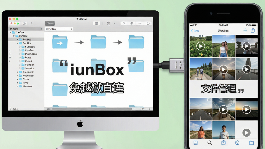 һ��дʵ�����������չʾͼ������Ϊ iFunBox ���������� iPhone �ֻ�����չʾ����������Ļ��ʾ�ļ�Ŀ¼���ṹ���Ҳ��ֻ���Ļ��ʾ��Ƭ����Ƶ����ͼ���м��� USB �����ӣ����沼������ƽ�⣬���ɾ�����ϸ�ڰ����ļ���ͼ�ꡢ�����ͷ���豸�ͺ����֣����������������ű�ע