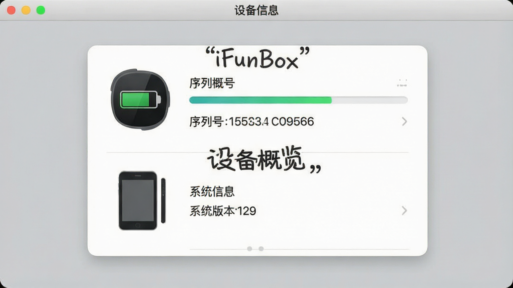 һ��дʵ����豸��Ϣ���ͼ������Ϊ iFunBox ����������ʾ iPhone �豸������Ƭ�����ֲ��þ��жԳ��Ű棬����Լ����ϸ�ڰ������ͼ�ꡢ���������������к����֡�ϵͳ�汾�š��豸����ͼ�����������������ű�ע