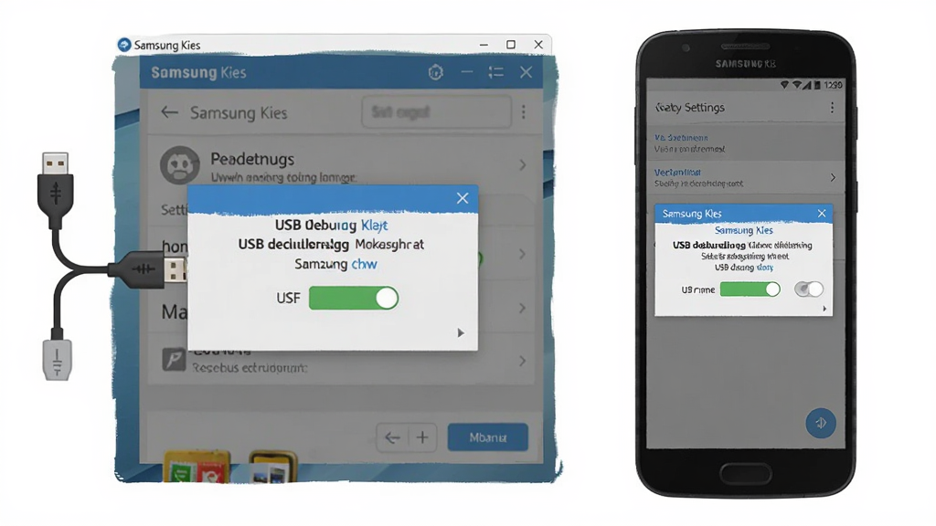 һ��չʾ Samsung Kies ���������ֻ��������ʾUSB����ģʽ��ͼƬ������Ϊ������Ļ������������ʾ���ֻ���Ļ��USB���Կ��أ�����Ϊ���ҶԱȣ��Ű����������Ϊ�̳�ʾ��ͼ���ϸ�ڰ���USB����ͼ�ꡢ�ֻ����ý��桢������ʾ���֣����ʸ��壬����ɾ����޶���Ԫ��
