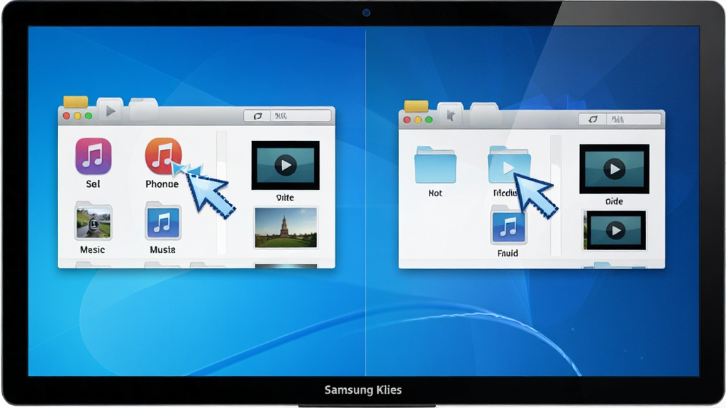 һ��չʾ Samsung Kies ��ý���ļ����书�ܵ�ͼƬ������Ϊ������Ļ����ʾ���ֻ��ļ���������ļ���֮����ק�ļ��Ľ��棬����Ϊ���ҷ����Աȣ��Ű�ֱ�ۣ����Ϊ��ˬ��Լ�磬ϸ�ڰ��������ļ�ͼ�ꡢ��Ƶ����ͼ����ק��ͷ����Ч�������ʸ��壬����ɾ����޶���Ԫ��