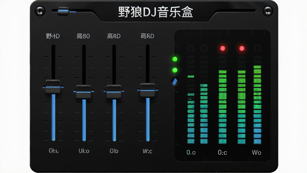 ������Ұ��DJ���ֺе���Ƶ������������壬����Ϊ����������д���У��Ű�Ϊ��ֱ������Ƶ����״ͼ��ϣ����Ϊ��ɫ�Ƽ��磬ϸ�ڰ�����Ұ��DJ���ֺС����ֱ�ʶ���ߵ�Ƶ���顢��˸��LED��ƽָʾ�ƣ�����Ϊ���壬�ɾ����޶���Ԫ��