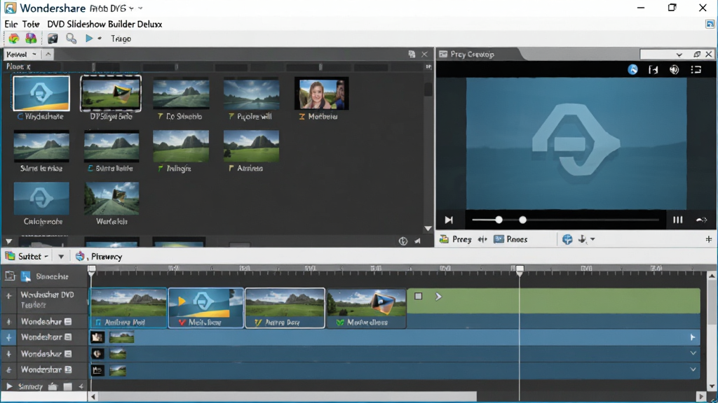 һ��չʾ Wondershare DVD Slideshow Builder Deluxe �����������ͼƬ�������������������ڣ�����Ϊ�Ϸ��˵������·�ʱ���������Ű���þ��й�ͼ�����Ϊ�ִ��Ƽ���UI���棬ϸ�ڰ�������زĿ�����ͼ���Ҳ�Ԥ�����������ײ�����ʱ���ᣬ�����������ɾ����޶���Ԫ��