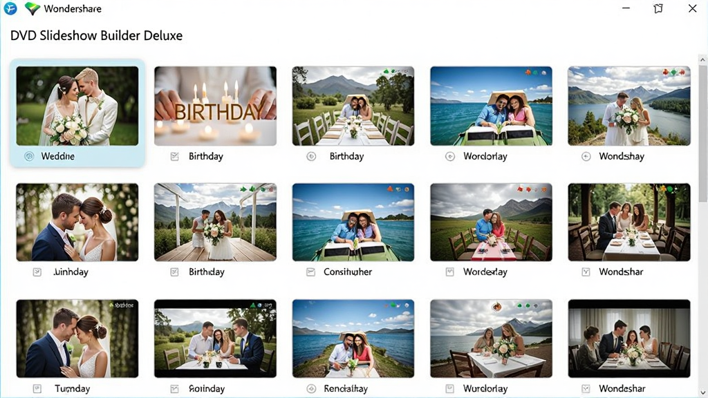 һ��չʾ Wondershare DVD Slideshow Builder Deluxe ģ��ѡ������ͼƬ�������Ƕ����������ͼ���У�����Ϊ����״չʾ���Ű��������򣬷��Ϊ�������µ���ƣ�ϸ�ڰ����������ա����еȲ�ͬ������ģ��Ԥ��ͼ�������������ɾ����޶���Ԫ��