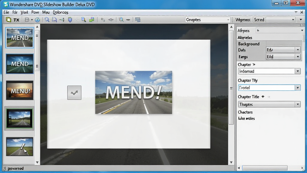 һ��չʾ Wondershare DVD Slideshow Builder Deluxe DVD�˵���ƽ����ͼƬ�������������еĲ˵��༭���ڣ�����Ϊ���˵�Ԥ���Ҳ�������壬�Ű�Գƣ����ΪרҵӰ������������ϸ�ڰ����˵�����ͼ��ť������ͼƬ���á��½ڱ�������򣬻����������ɾ����޶���Ԫ��