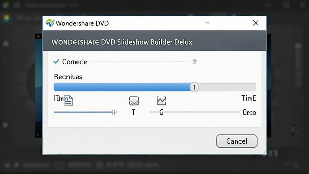 һ��չʾ Wondershare DVD Slideshow Builder Deluxe ��Ƶ��Ⱦ������Ƚ����ͼƬ�������������������ȴ��ڣ�����Ϊ���е������Ű��࣬���Ϊ�ִ�����UI��ϸ�ڰ�����������ʣ��ʱ����ʾ��ȡ����ť�������������ɾ����޶���Ԫ��