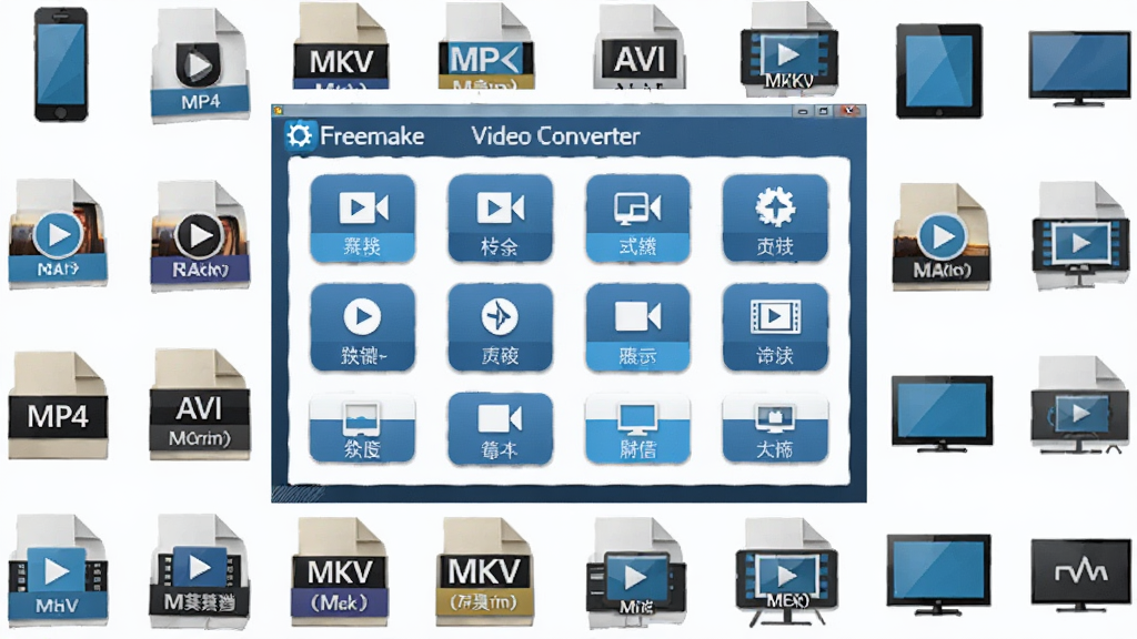 һ��չʾ Freemake Video Converter ���������ȫ��ͼ�����������������ڣ���������Ϊ����ͼ�������Χ�����Ŷ�����Ƶ��ʽͼ���� MP4��AVI��MKV �Լ��豸ͼ�����ֻ���ƽ�塢���ӣ��Ű��������򣬷������ִ���ƽ���Ƽ�����ƣ�ϸ����ͻ����������ɫ��ɫ�����ఴť�����ʸ��壬�ɾ��޶���Ԫ�ء�