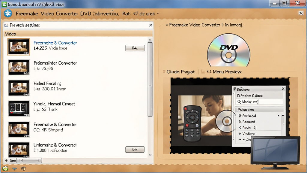 һ��չʾ Freemake Video Converter DVD ��¼���ܵ�ʾ��ͼ�����������������еĿ�¼������壬�������Ϊ��Ƶ�ļ��б����Ҳ�Ϊ DVD ����ͼ����˵��༭Ԥ�����Ű�������ҽṹ�����Ϊ��ܰ�ļ�ͥӰ�����ϸ���ϰ������̡�ң���������ӵ�Ԫ�أ����ʸ��壬�ɾ��޶���Ԫ�ء�