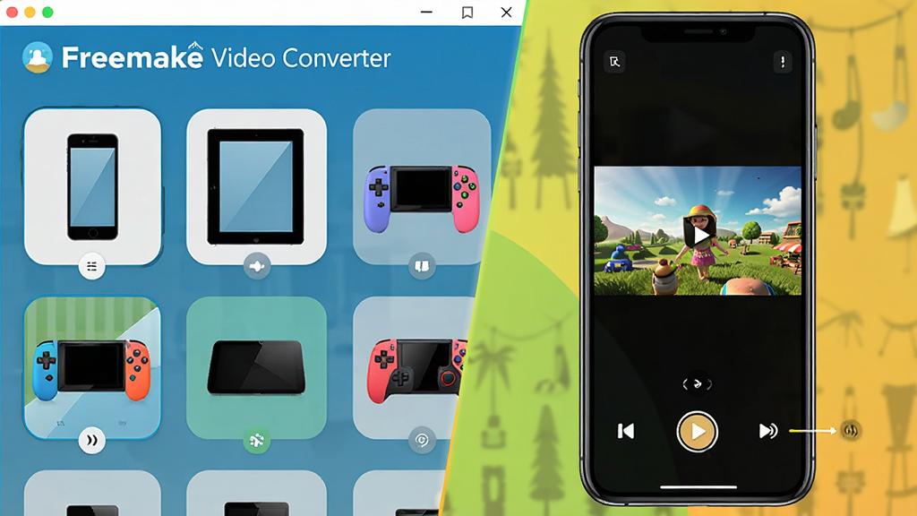 һ��չʾ Freemake Video Converter �ƶ��豸���书�ܵĳ���ͼ�������������������豸ͼ��ѡ�����򣬲��������ʾ�ֻ���ƽ�塢��Ϸ�����豸ͼ�꣬�Ҳ�չʾת�������Ƶ���ֻ���Ļ�ϲ��ŵ�Ч�����Ű���öԱ�չʾ�����Ϊ�������õ��ִ����ϸ����ͻ���豸��������������Ԫ�أ����ʸ��壬�ɾ��޶���Ԫ�ء�